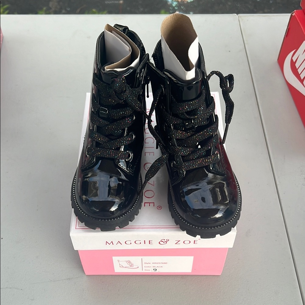Maggie & Zoe Shiny Black Boots with Glitter Laces